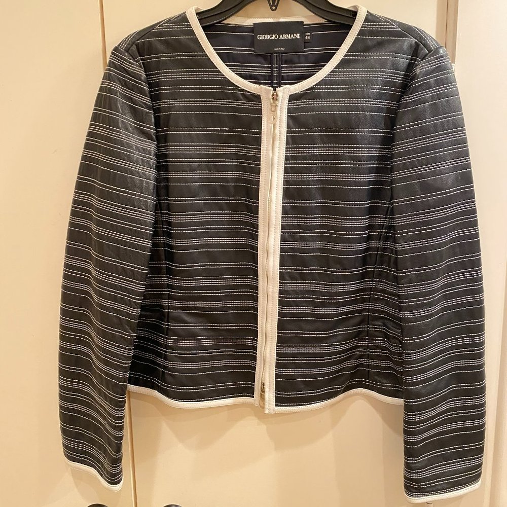 Giorgio Armani Borgo 21 Navy leather jacket with white stitching